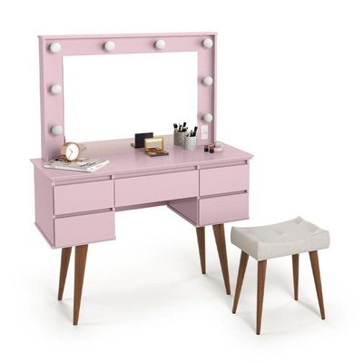 Penteadeira Camarim Com Espelho E Banqueta Strass Rosa