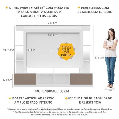 Estante Tv 65" Prateleiras C/ Espelho Oslo Multimóveis V3393 Branca/lacca Fumê Branco/lacca Fumê