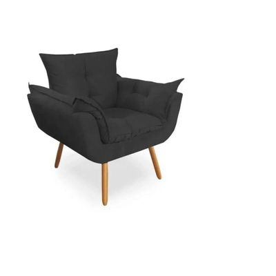 Kit 2 Poltronas Opalas Com Puff Redondo Suede Preto