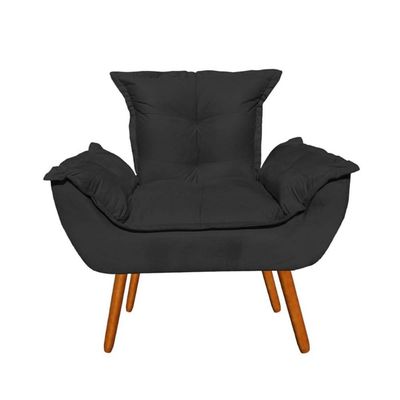 Kit 2 Poltronas Opalas Com Puff Redondo Suede Preto