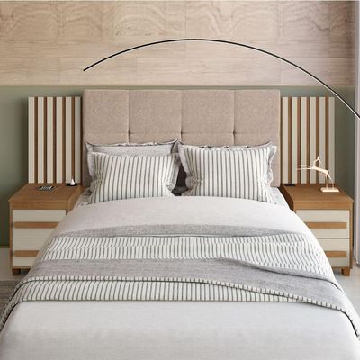 Cabeceira Casal Extensível Com 2 Mesas De Apoio Ripado E Estofado Cinamomo/Off White Suíça