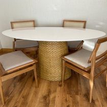 Mesa De Jantar Cone Oval 140x90 Cm Tampo Laca Branca Base Fibra Natural Cor Amarelo