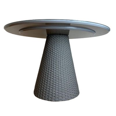 Mesa De Jantar Cone Redonda 140cm Tampo Laqueado Cinza + Vidro Base Corda Náutica Cinza Cor Cinza
