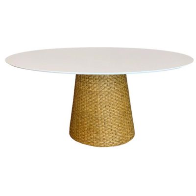 Mesa De Jantar Cone Oval 198x122 Cm Tampo Laca Branca Base Fibra Natural Cor Amarelo