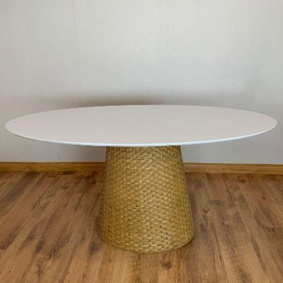 Mesa De Jantar Cone Oval 198x122 Cm Tampo Laca Branca Base Fibra Natural Cor Amarelo