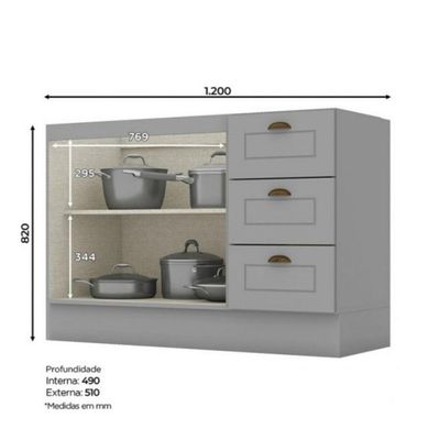 Balcão 2 Portas Clássico Americana 120 Cm Sem Tampo Henn C353-05 Cinza