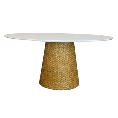 Mesa De Jantar Cone Oval 180x100 Cm Tampo Laca Branca Base Fibra Natural Cor Amarelo