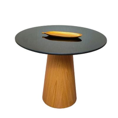 Mesa De Jantar Cone 80 Cm Base Madeira Freijó Tampo Laca + Vidro Preto