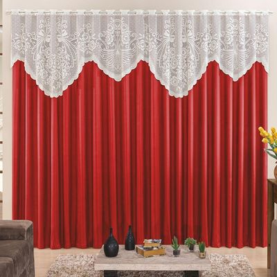 Cortina 4,00m X 2,50m Momento Sala Quarto Renda Com Microfibra P Varão Vermelha