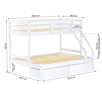 Beliche Com Cama Casal Slim Com 02 Gavetas Madeira Maciça Branco Housin