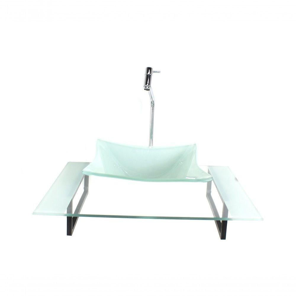Cuba De Vidro Quadrada Com Tampo 60cm Branco E Suporte Preto