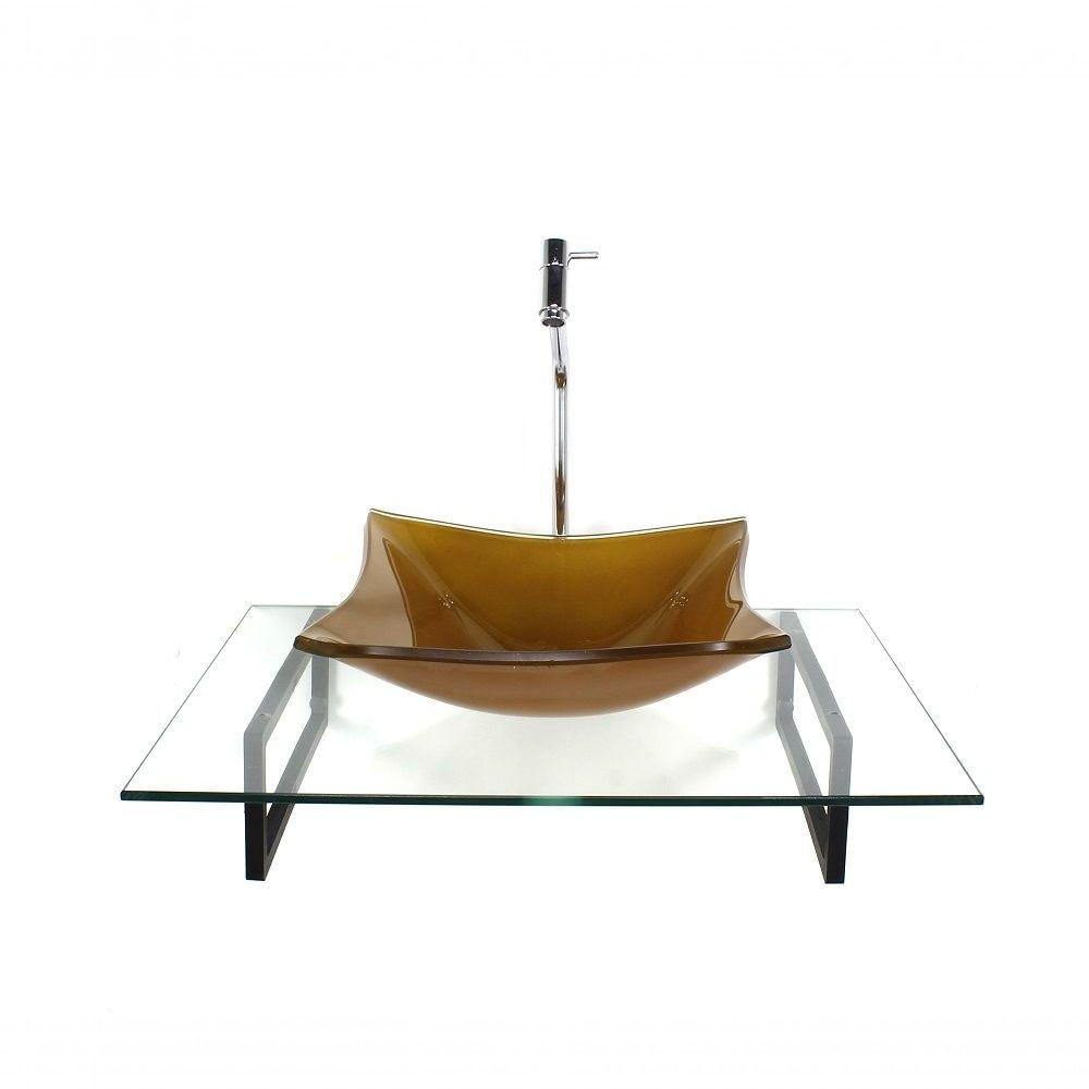 Cuba De Vidro Quadrada Dourado Com Tampo 60cm, Suporte Preto