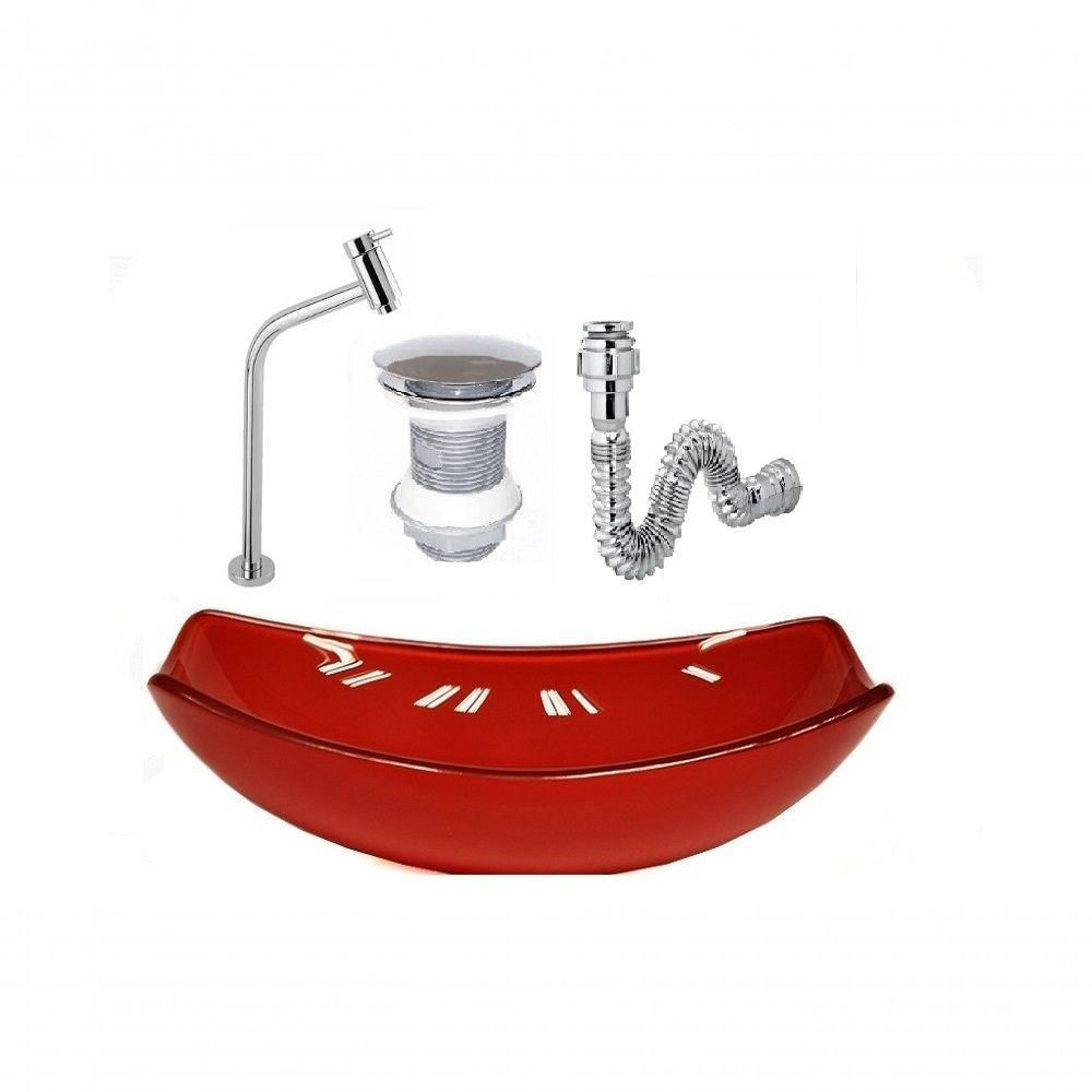 Cuba De Vidro Oval 46cm Vermelho+Valvula+Torneira+Sifao