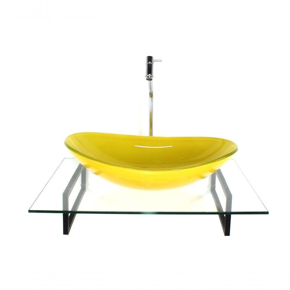 Cuba De Vidro Oval Com Tampo 60cm E Suporte Torneira Valvula