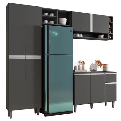 Cozinha 230Cm Com Balcão E Armário Aéreo Cinza Escuro