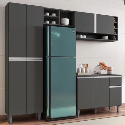 Cozinha 230Cm Com Balcão E Armário Aéreo Cinza Escuro