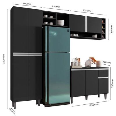Cozinha 230Cm Com Balcão E Armário Aéreo Preto Fosco