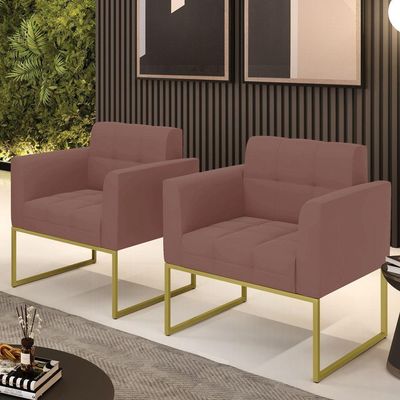 Kit 2 Poltronas Elisa Veludo Base Metálica Industrial Dourado - D'rossi Cor Rose