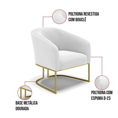 Kit 2 Poltronas Stella Bouclê Base Metálica Industrial Dourado - D'rossi Cor Off White