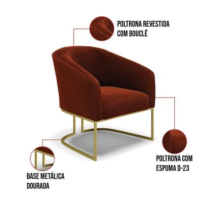 Kit 2 Poltronas Stella Bouclê Base Metálica Industrial Dourado - D'rossi Cor Terra