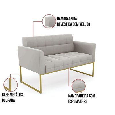 Sofá Namoradeira Elisa Veludo Base Metálica Industrial Dourado - D'rossi Cor Cinza