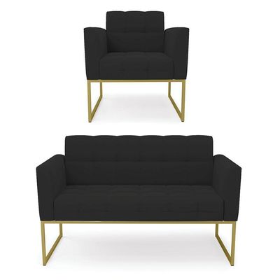 Kit 1 Sofá Namoradeira E 1 Poltrona Elisa Veludo Preto Base Metálica Industrial Dourado - D'rossi