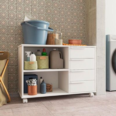 Balcão Em Mdp Com 1 Prateleira 4 Gavetas E 4 Pés Com Rodízio Brv Móveis Branco
