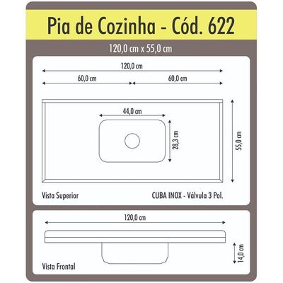 Pia De Cozinha Com Cuba Em Inox 120Cm 562208 Travertino