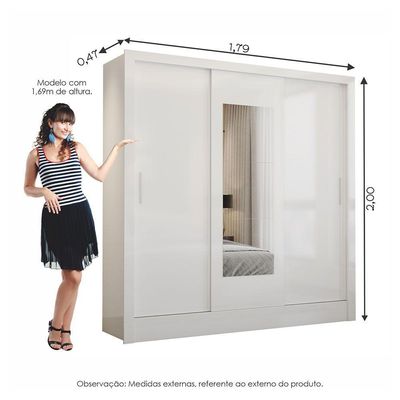 Guarda Roupa Casal Fortaleza 3 Portas Espelho Carioca Branco