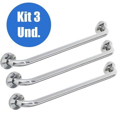 Alça Apoio Banheiro Inox 40Cm Barra Kit 3 Un