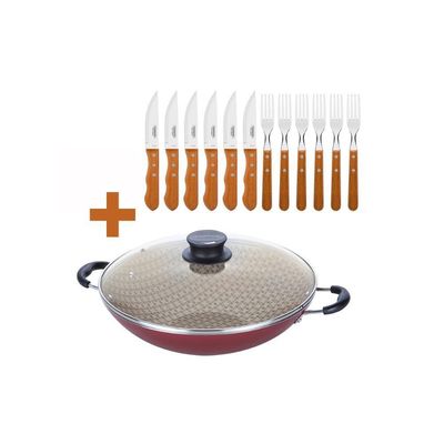 Kit - Panela Wok 6l Alumínio 36 Cm Paris Vermelho + 1 Jogo Churrasco 12pç - Tramontina