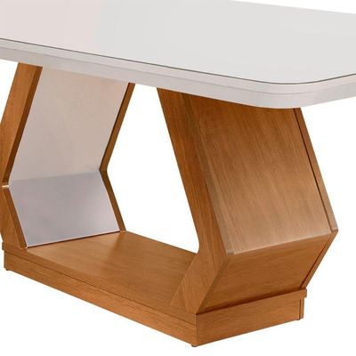 Mesa Sala De Jantar Lara 180cm Em Mdf E Vidro Com Canto Copo Off White/ Imbuia/ Serig. Off