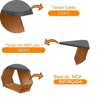 Mesa Sala De Jantar Lara 180cm Em Mdf E Vidro Com Canto Copo Grafite/ Imbuia/ Serig. Grafite