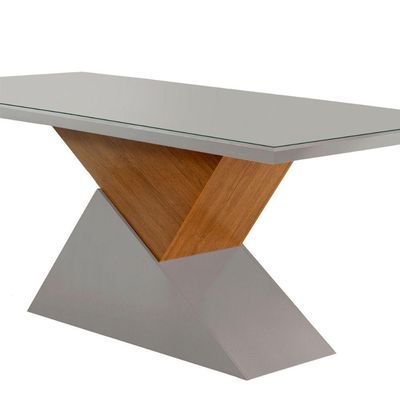 Mesa Aster 180 Cm Tampo Em Mdf E Vidro Com Canto Reto Off White/ Imbuia/ Serig. Off