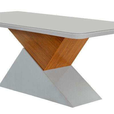 Mesa Aster 180cm Com Tampo Em Mdf E Vidro Canto Copo Off White/ Imbuia/ Serig. Off
