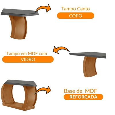Mesa Para Sala De Jantar Milena 180cm Em Mdf E Vidro Com Canto Copo Grafite/ Imbuia/ Serig. Grafite