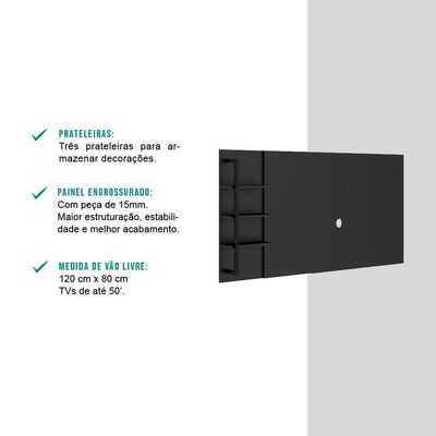 Painel Para Tv Até 50 Pol. Prateleiras Preto Fosco Carraro