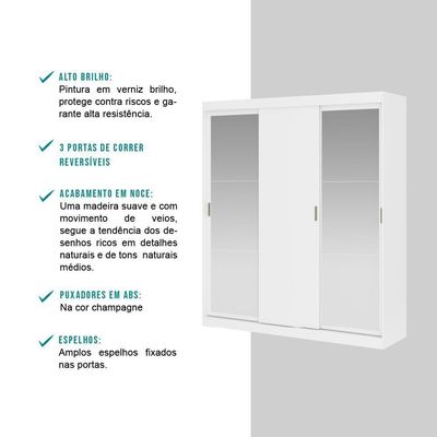 Guarda Roupa Casal 3 Portas 4 Gav Espelho Branco Carraro