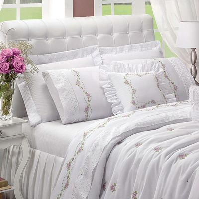 Cobre Leito Arabesco Bordado Queen Dupla Face 6 Peças - Branco