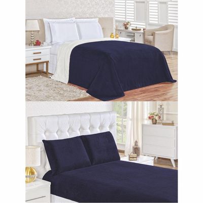 Kit Fascinio Queen Cobertor + Lençol 4 Peças - Azul Marinho