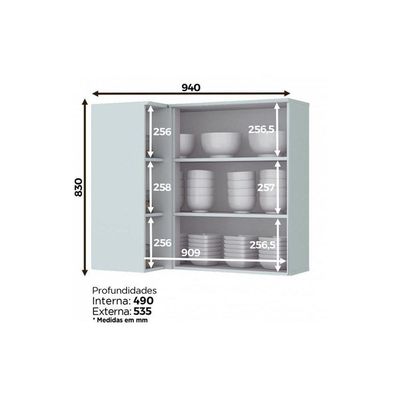 Armário Aéreo P/ Cozinha Canto Reto Americana 1 Porta 83cm Branco - Henn