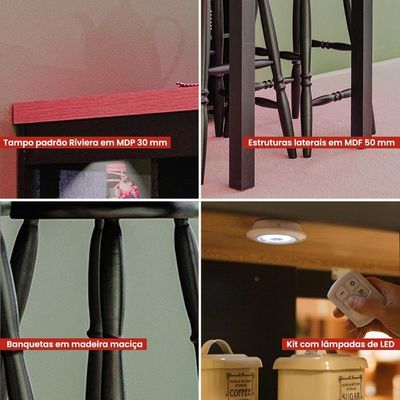Bancada Cozinha Ditália 2 Banquetas Iluminação Cd-1022 Preto