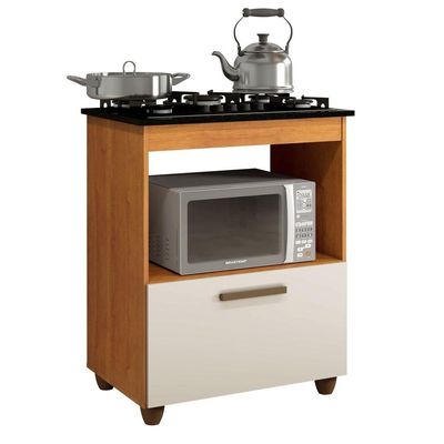 Balcão Para Cooktop 4 Bocas 1 Porta Basculante Espaço Para Micro-Ondas Salvia Nature/Off White