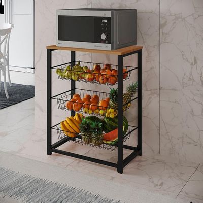 Fruteira Com Suporte Para Micro-Ondas Barcelona Aço Preto Cesto Preto Tampo Canela Cor: Canela