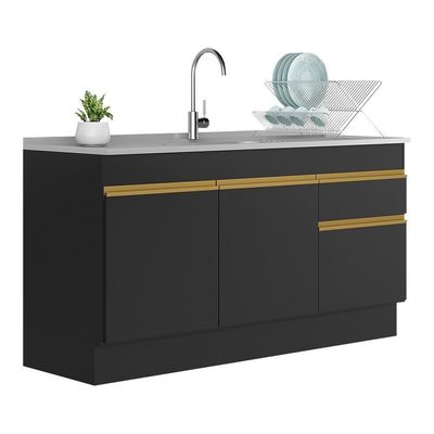 Balcão Cozinha C/Rodapé Gabinete Pia 3 Portas 1 Gaveta Preto