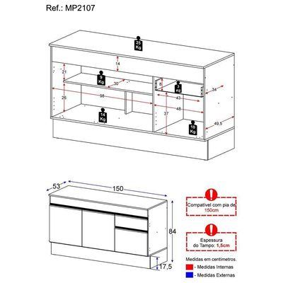 Balcão Cozinha Gabinete Pia 150 Cm 3 Portas Gw Mp2107 Branco