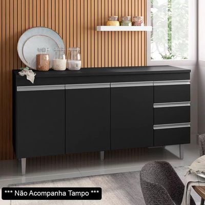 Balcão Gabinete De Pia 150Cm 3 Portas 3 Gavetas Preto