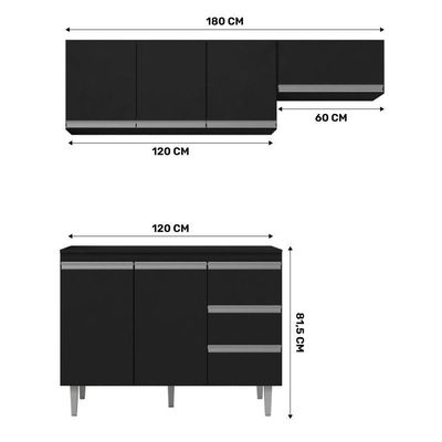 Cozinha Compacta 03 Peças Com Balcão Gabinete 120Cm Preto