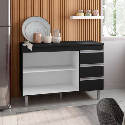 Balcão Gabinete De Pia 120Cm 2 Portas 3 Gavetas Preto