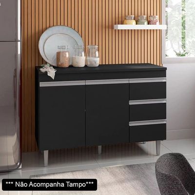 Balcão Gabinete De Pia 120Cm 2 Portas 3 Gavetas Preto